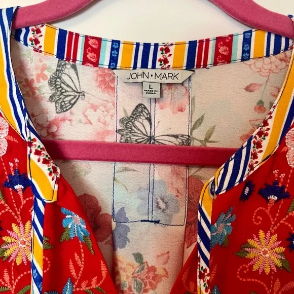 John Mark Floral Embroidered Top in Red and Blue - Picture 4 of 5